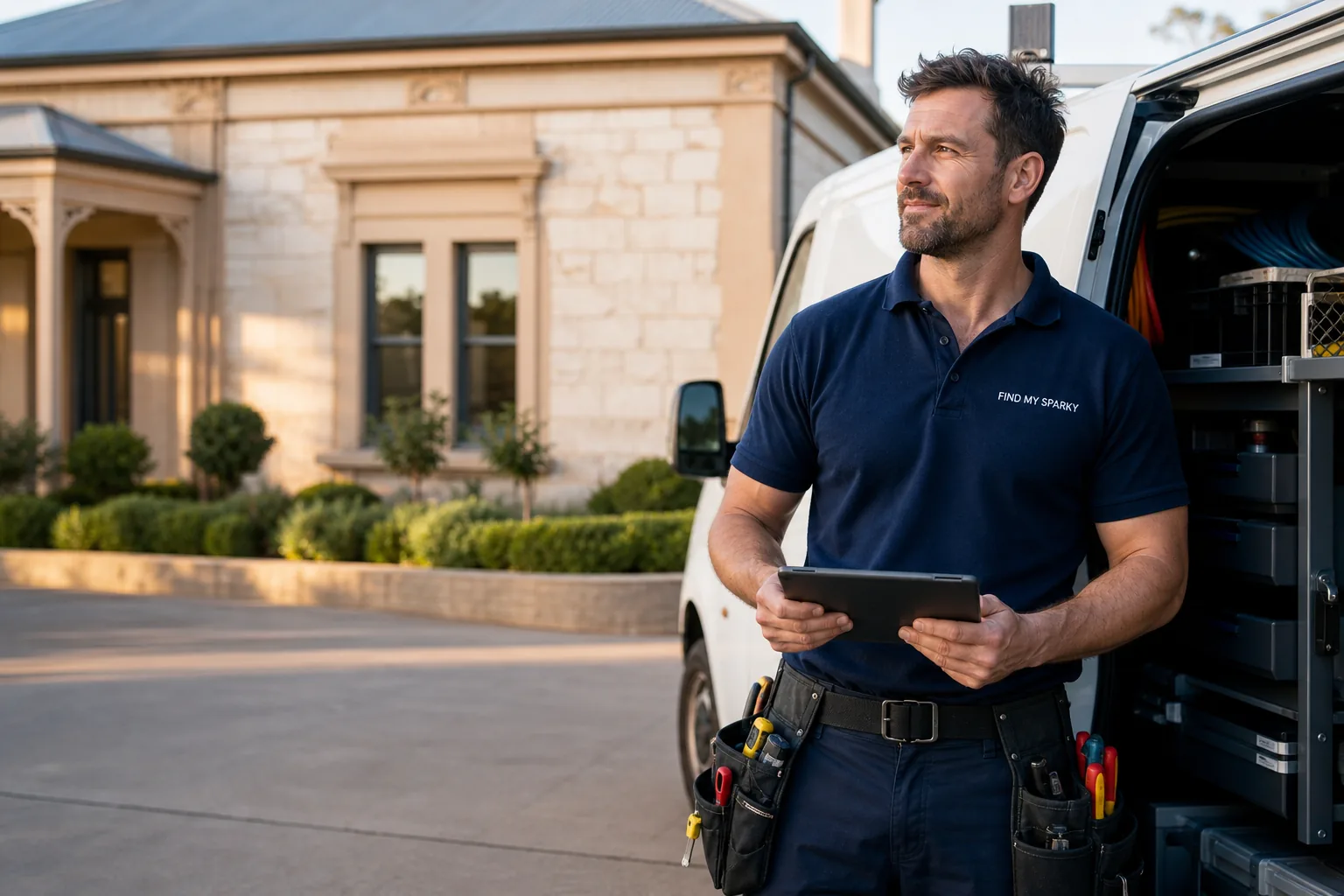 Find My Sparky electrician in a branded work polo beside his van at an Adelaide home